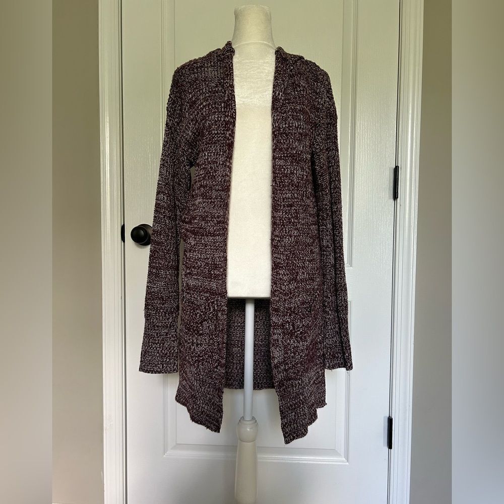 Poof! New York Women’s Maroon Knit Open Front Hooded Sweater Cardigan Size Large